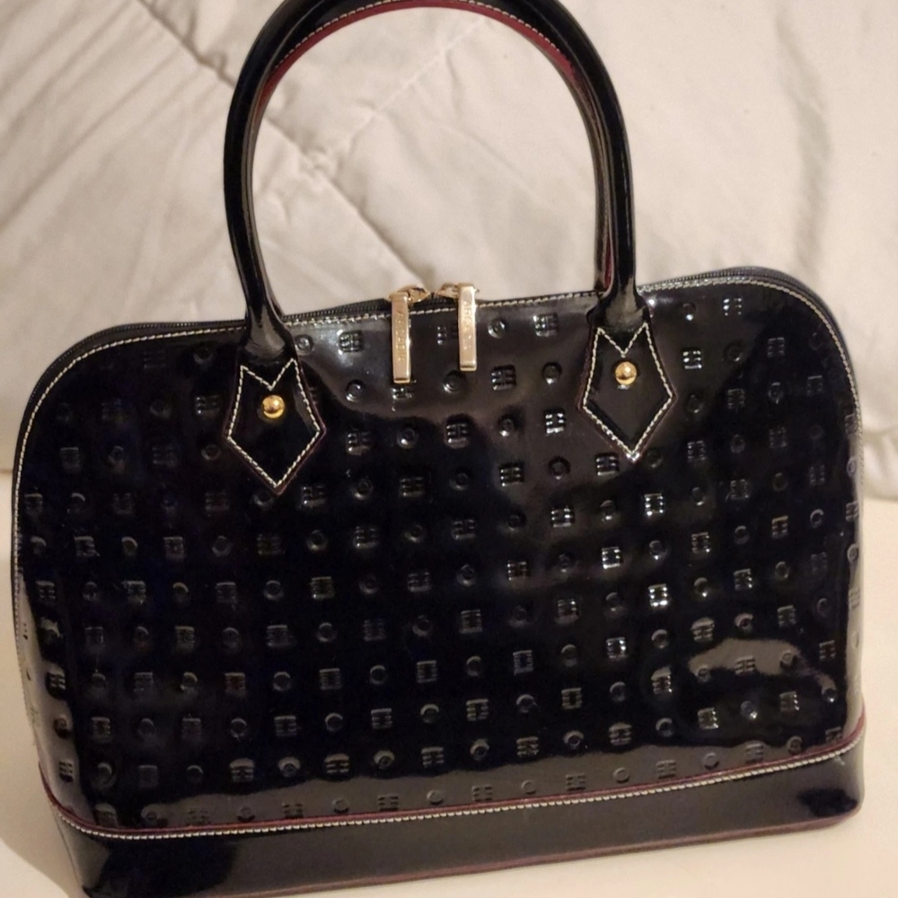 Arcadia Black Embossed Patent Leather Double Handle Handbag